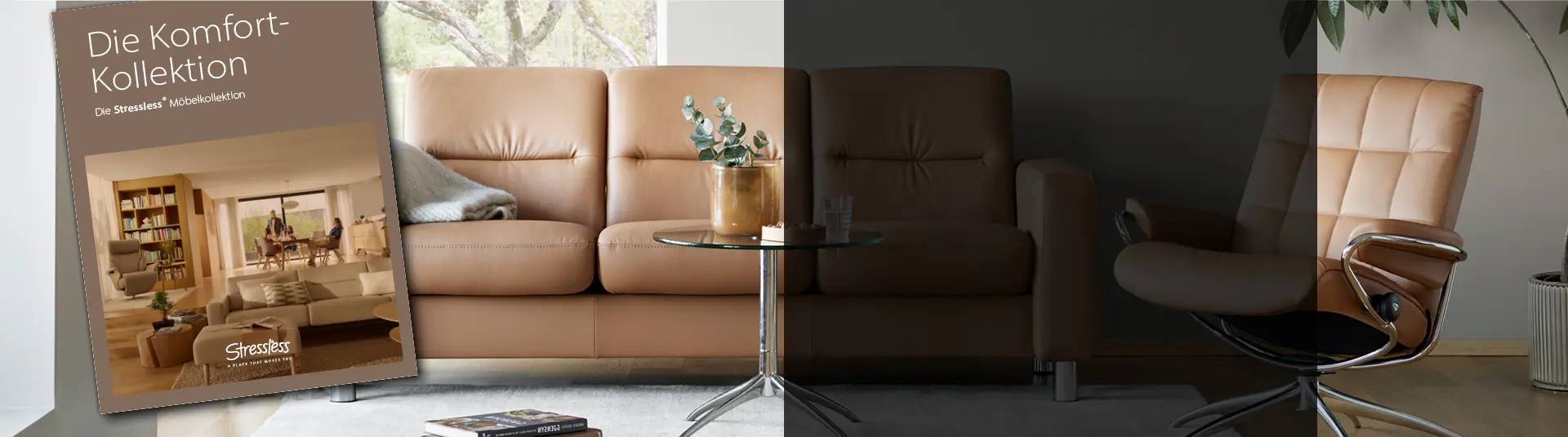 Hellbraunes Ledersofa mit passendem Sessel und Stressless Katalog